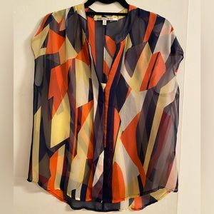 Collective Concepts Yellow Red Asymmetrical Graphic Blouse